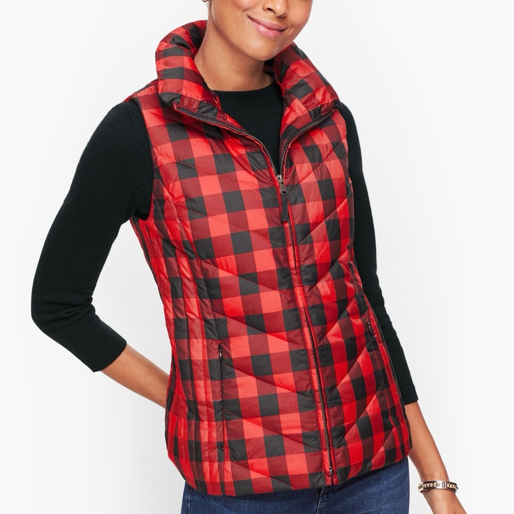 Talbots Red and Black Buffalo Plaid Quilted Down Puffer Vest - Picture 2 of 6